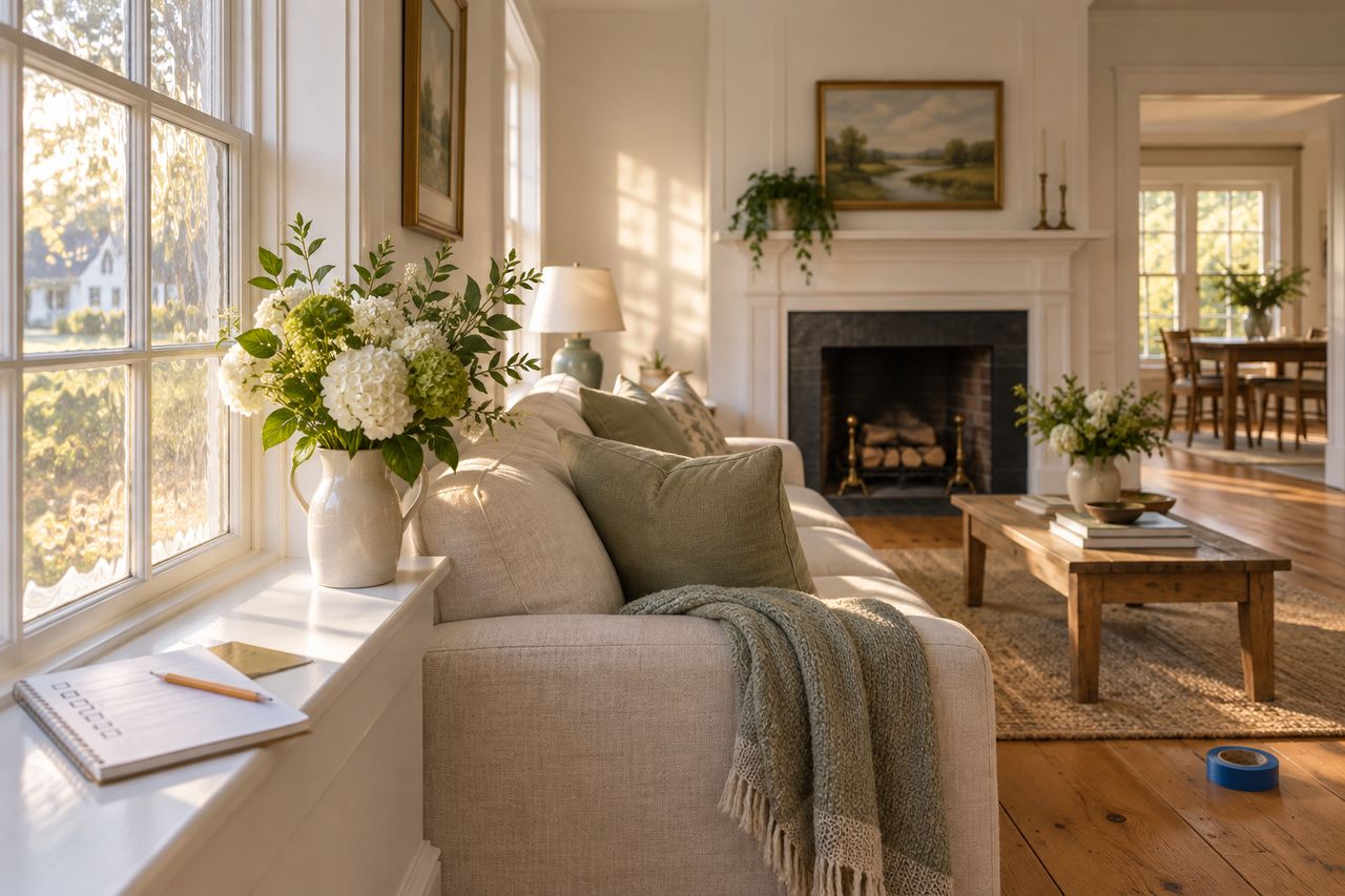 A sunlit colonial living room prepared for the market, with a written punch list on the window sill and painter's tape on the wide-board floor