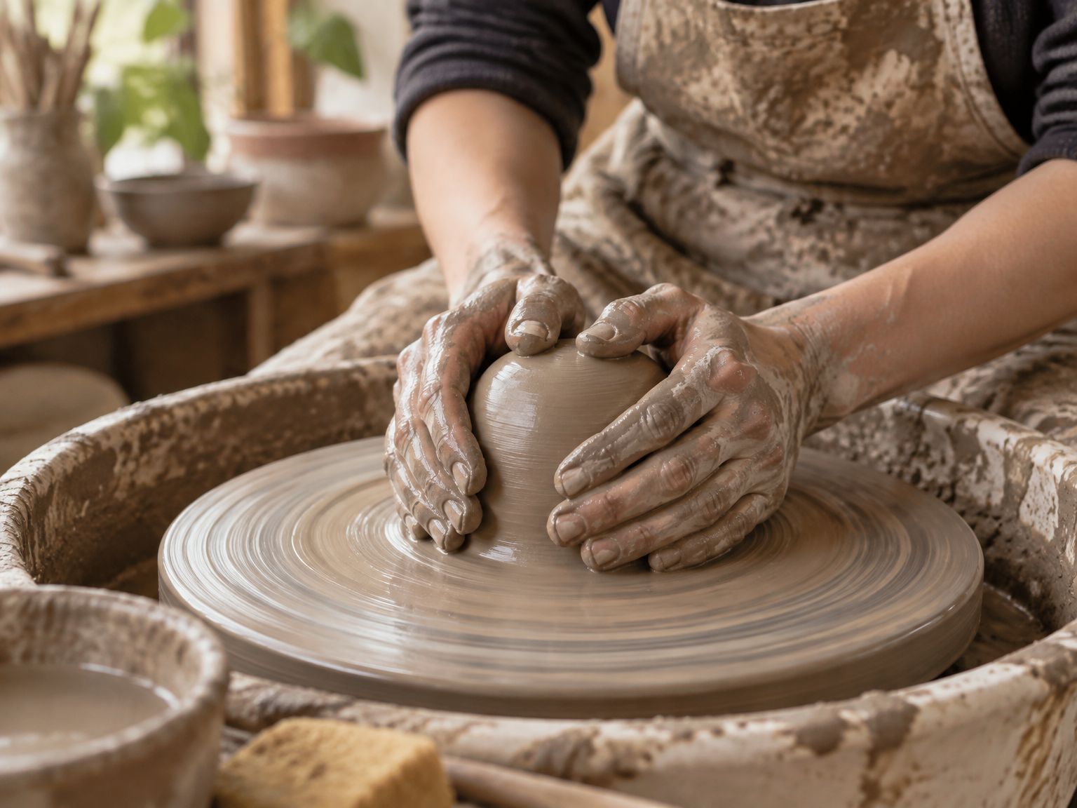 A beginner's hands centering clay on a spinning pottery wheel