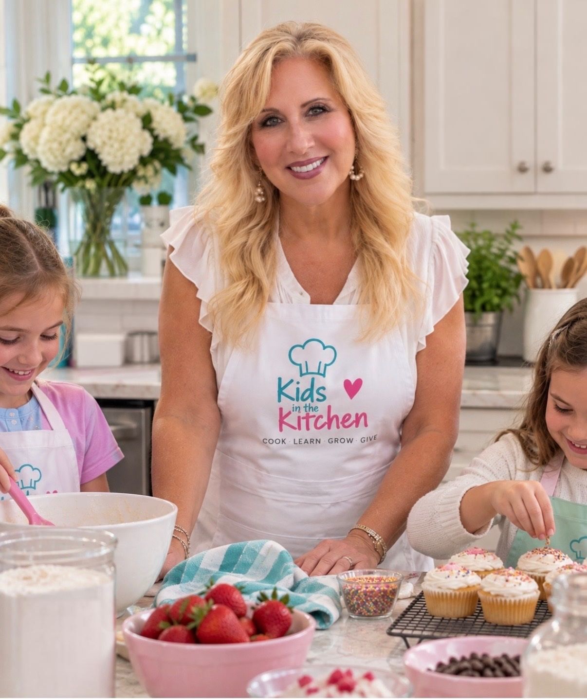 Cathy McCarthy smiling in her Kids in the Kitchen apron while two girls decorate cupcakes