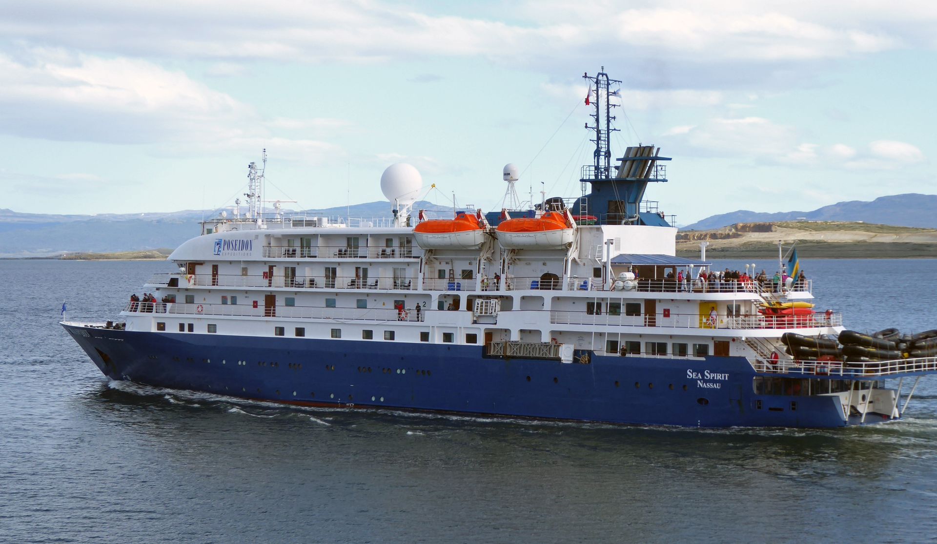 Poseidon Expeditions ship Sea Spirit under way off Ushuaia, Argentina, with Zodiacs stacked on its stern deck