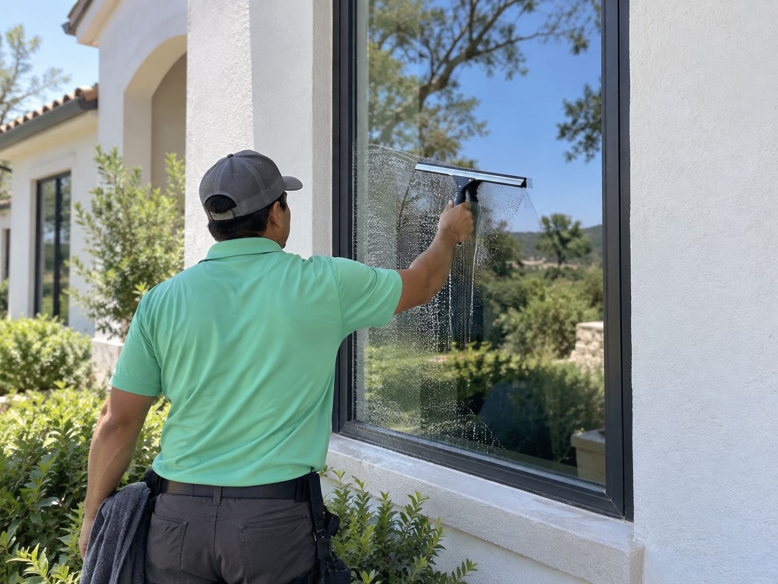 Window cleaner squeegeeing a large window streak-free