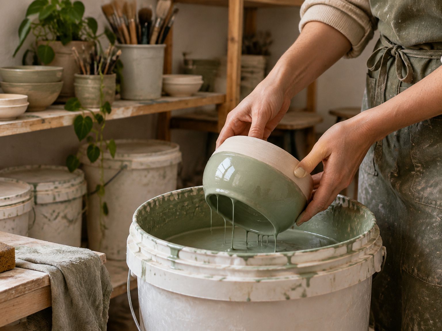 A potter dipping a bowl into a bucket of pale sage green glaze