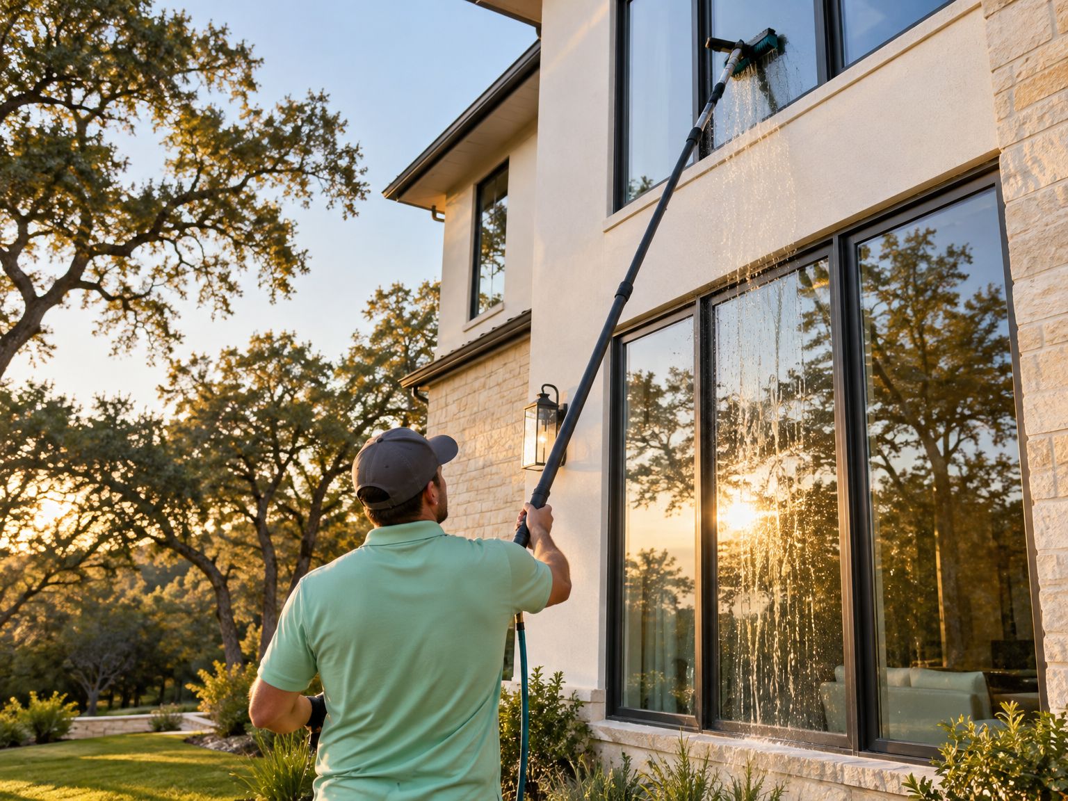 Window cleaner washing the tall windows of an Austin home