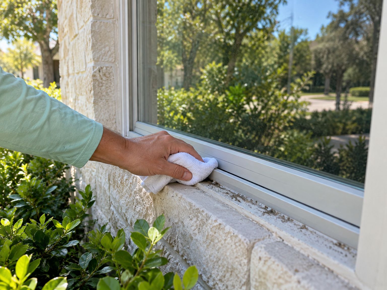 Window cleaner wiping dirt from an exterior window track