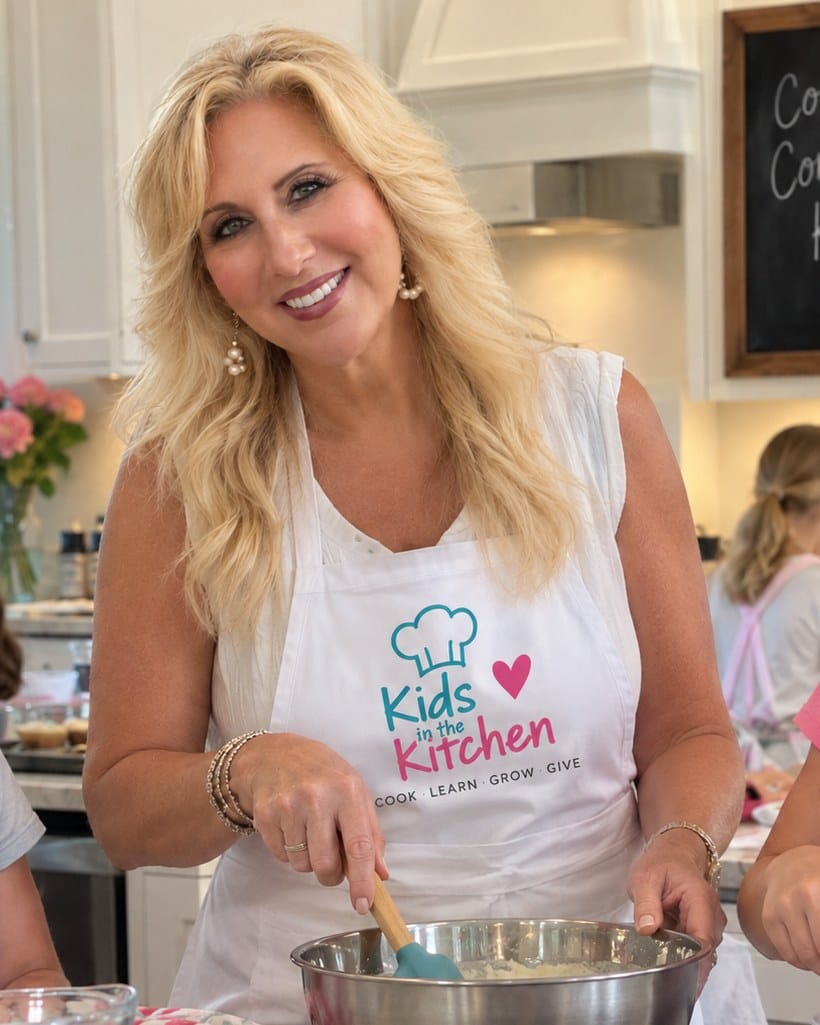 Cathy McCarthy in her Kids in the Kitchen apron, stirring batter in the kitchen