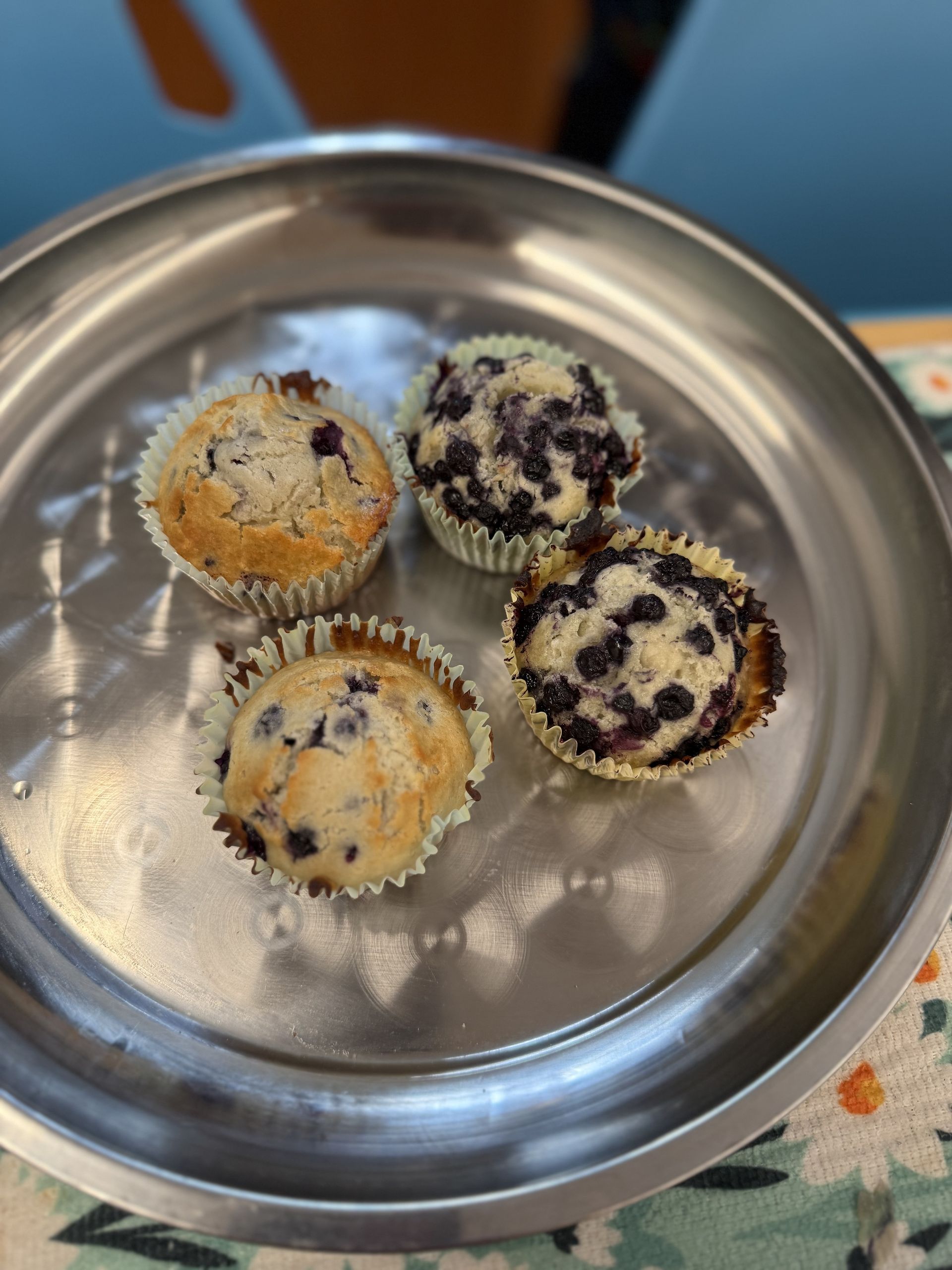 Four homemade blueberry muffins on a tray