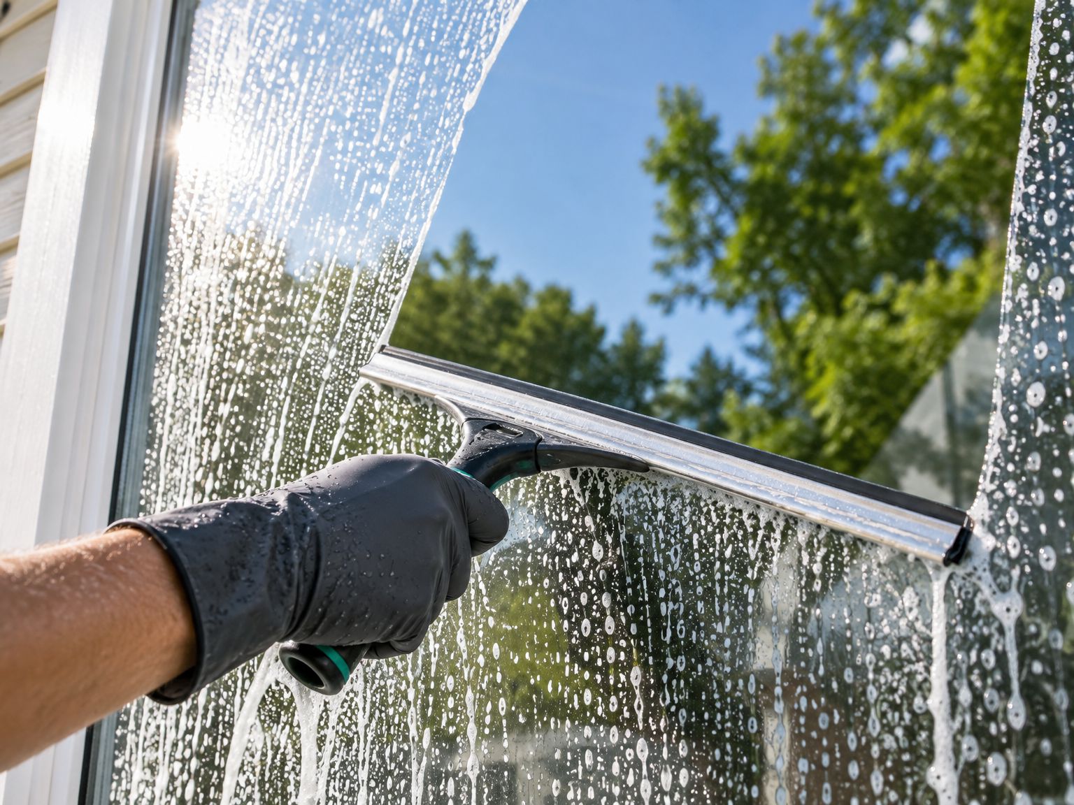 Squeegee clearing soapy window glass