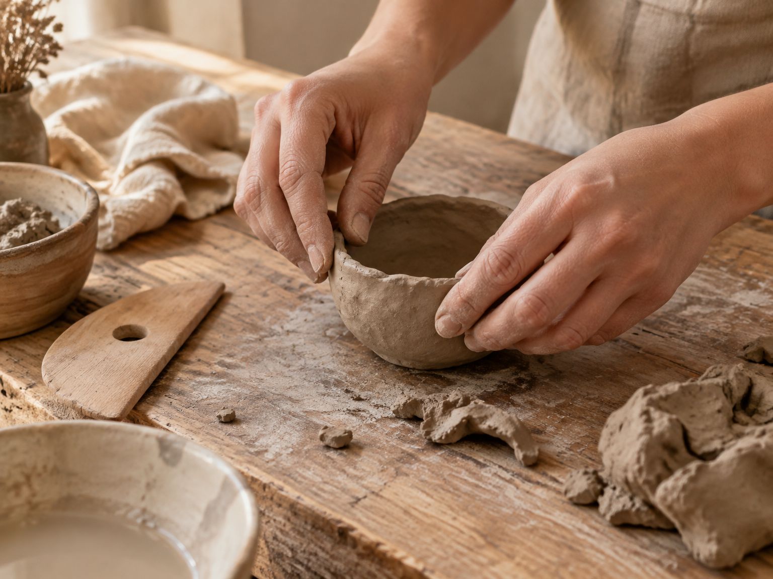 Hands pinching a small clay bowl on a worn wooden table