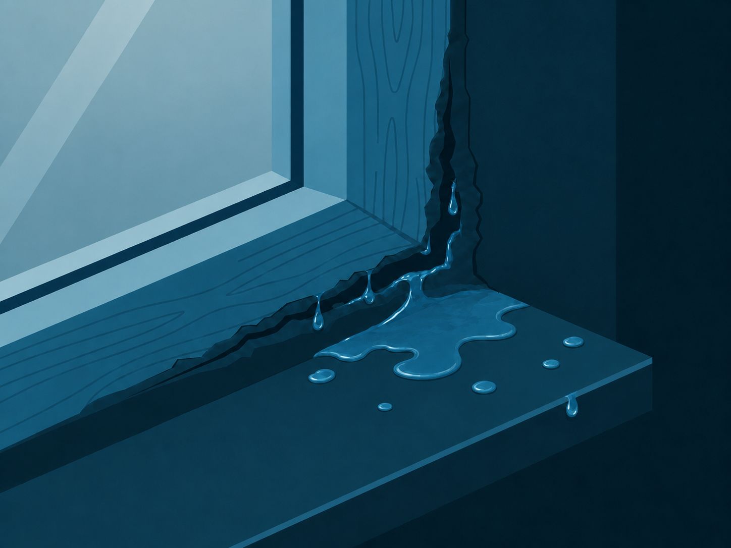 Water leaking through a cracked window seal