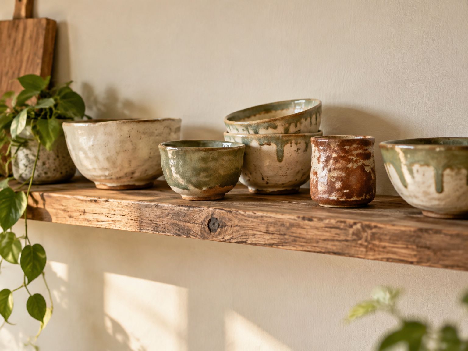 A wooden shelf displaying a mismatched row of glazed first bowls and cups