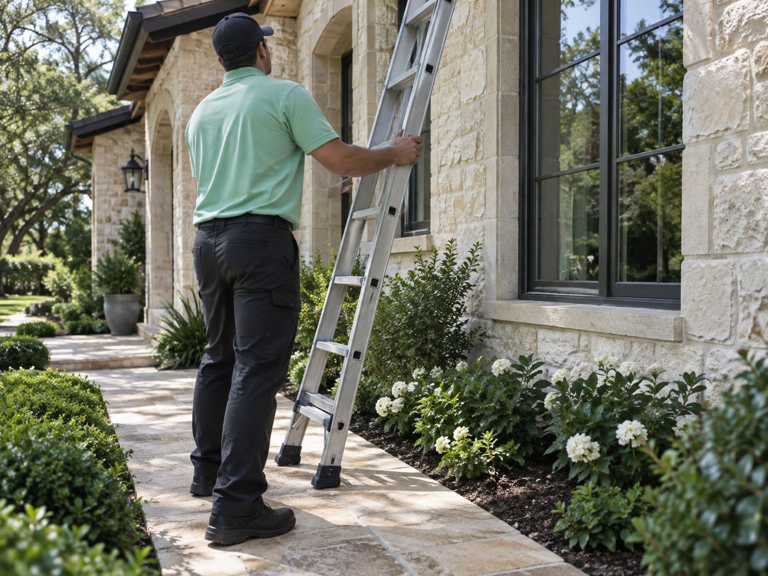 Window cleaner carefully placing a ladder beside a flower bed