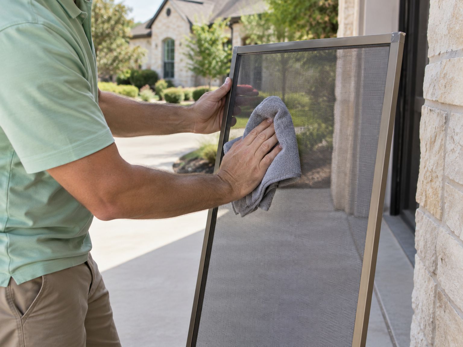 Window cleaner wiping dust off a window screen