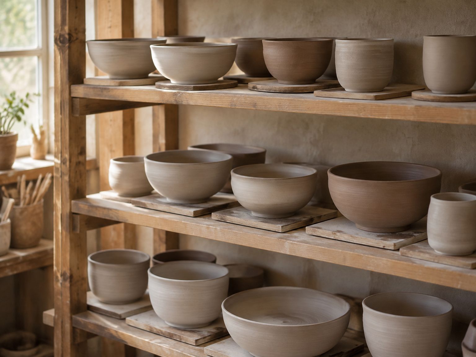 Wooden studio shelves holding rows of unfired clay bowls and cups