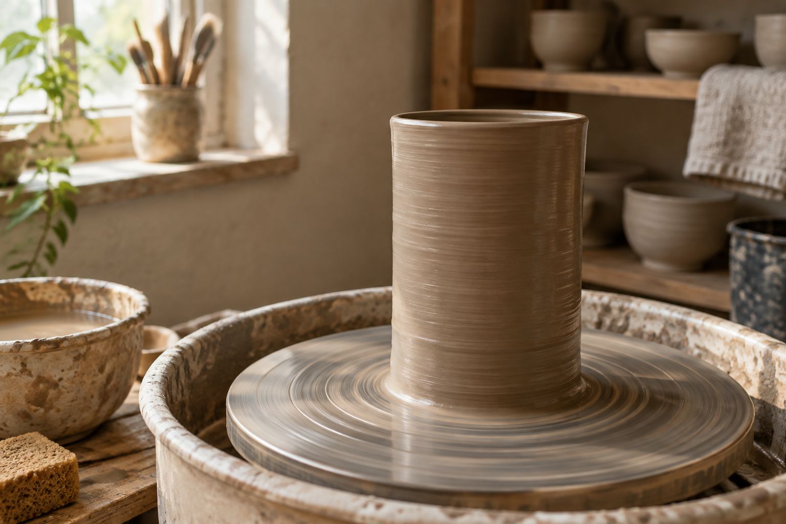 A tall clay cylinder rising from a spinning pottery wheel in warm morning light