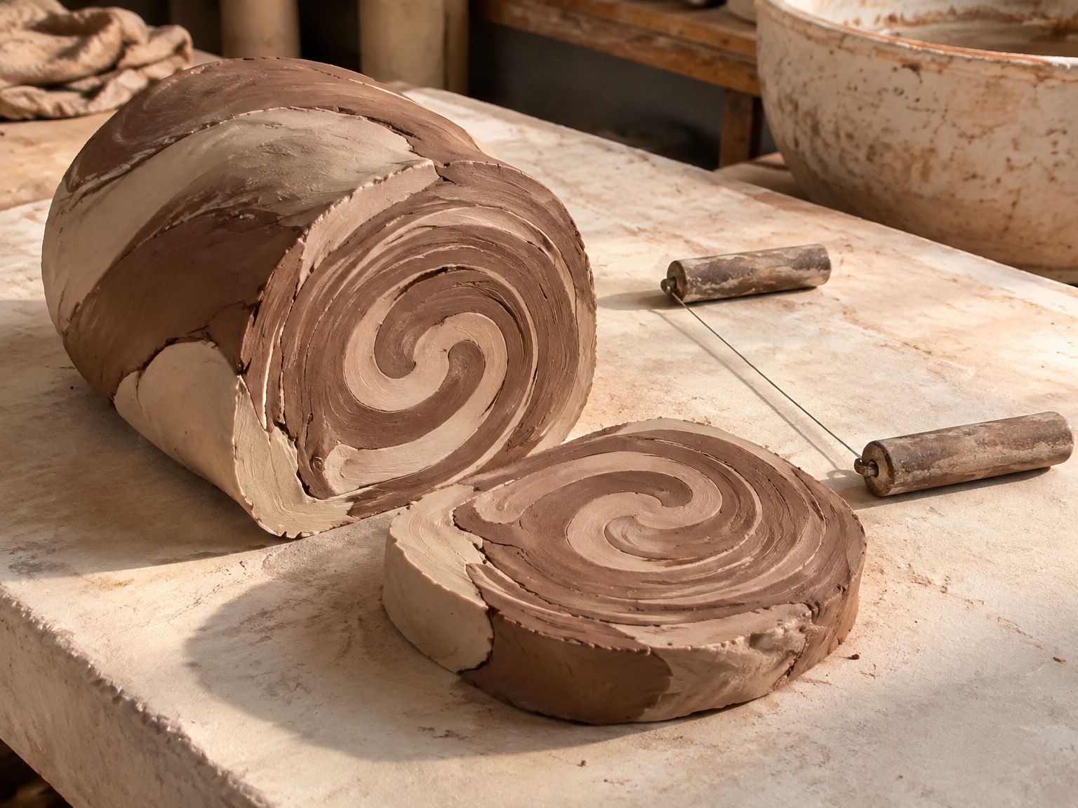 A ball of clay wedged and cut with a wire, showing swirls of two clay colors