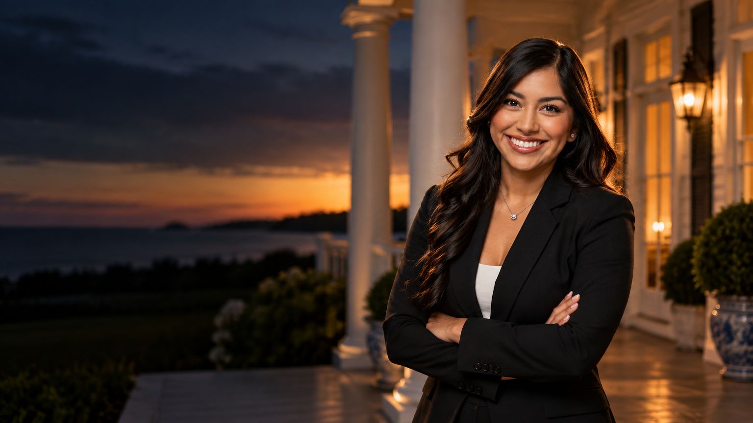 Brenda La Fuente laughing on a porch at golden hour, with the water and boats of the Norwalk coastline behind her