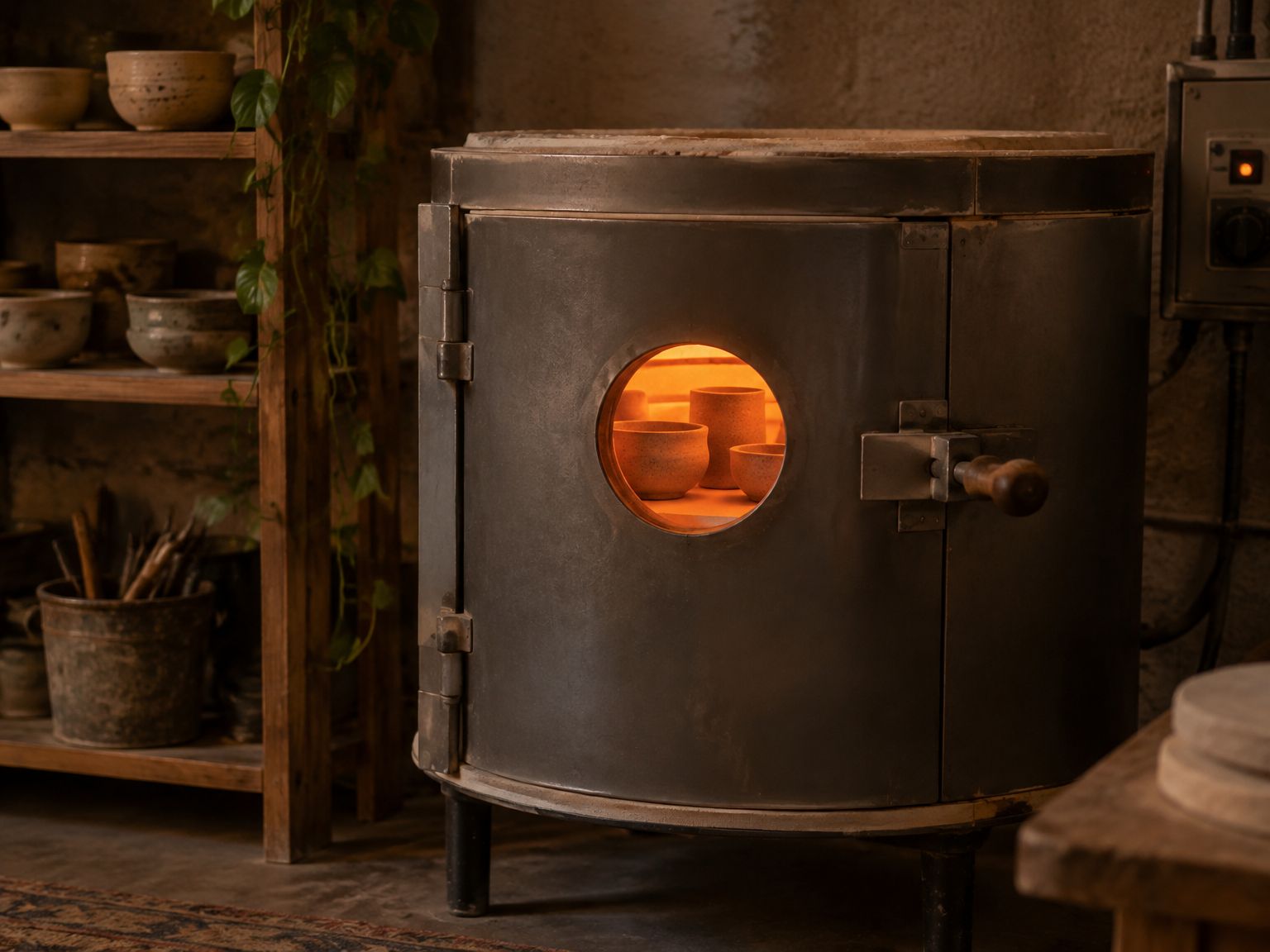 A small kiln with its peep hole glowing warm orange in a studio corner