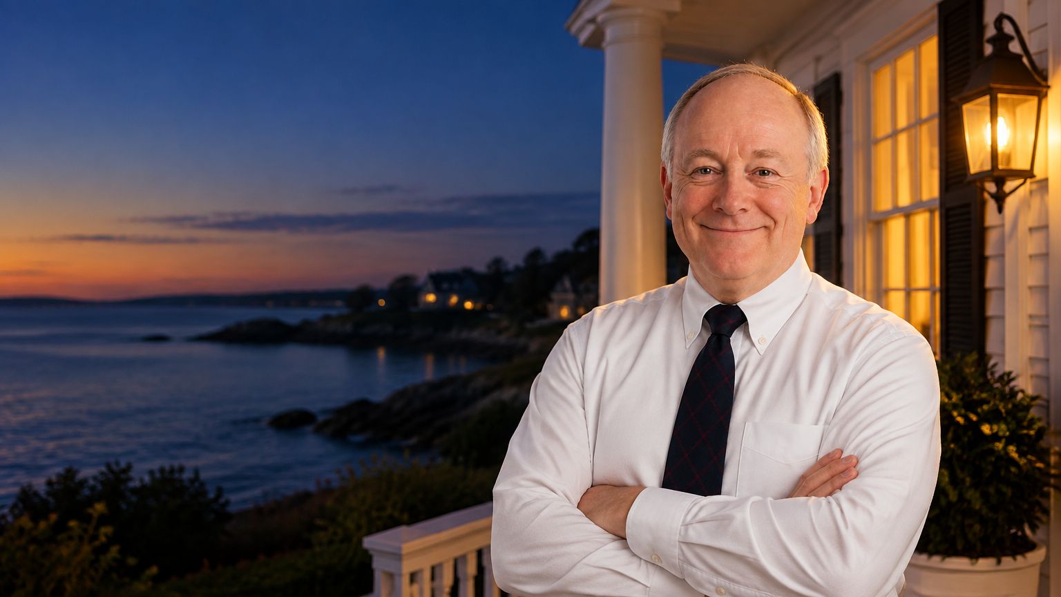 Joe Gallo standing with arms crossed on the porch of a coastal Connecticut home at dusk, twilight sky over the water behind him