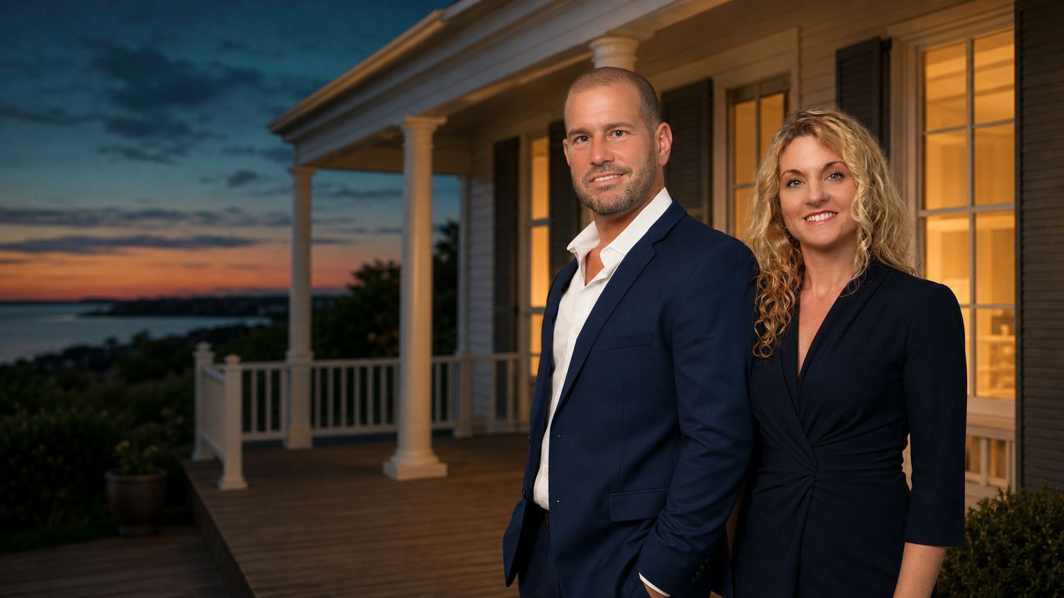 Mike and Kim Tromba standing side by side on the porch of their Connecticut coastal colonial home at dusk, with Long Island Sound behind them