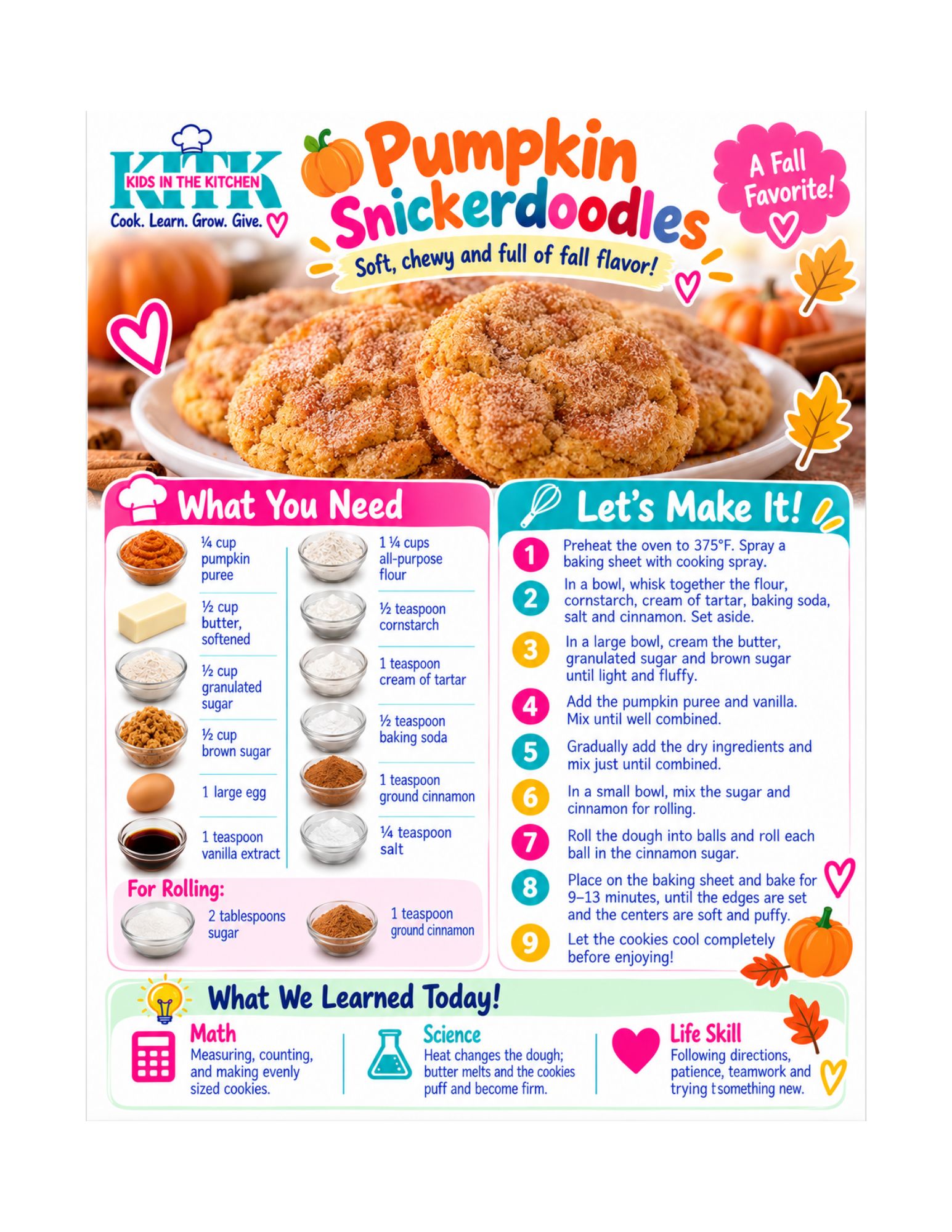 A KITK recipe card for Pumpkin Snickerdoodles with ingredients, steps, and What We Learned Today