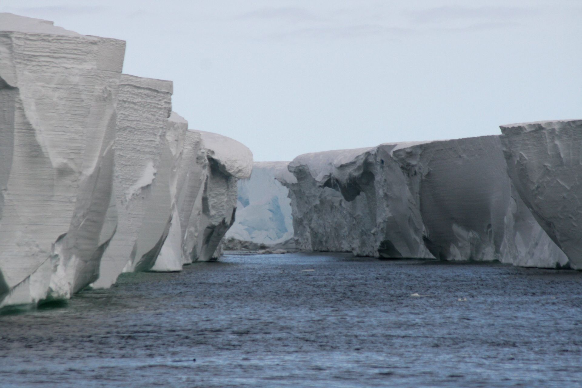 Sheer white ice cliffs of the Ross Ice Shelf front rising from dark sea water, with an inlet between them