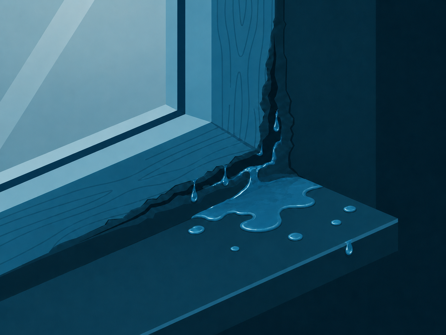 Water leaking through a cracked window seal