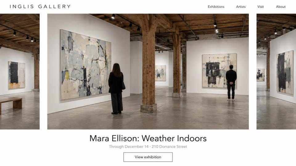 Art gallery website design, contemporary gallery with a sliding room view: white page, a spaced capital wordmark, a carousel of photos of a timber-beamed gallery with large abstract paintings and two visitors, a centered black title below
