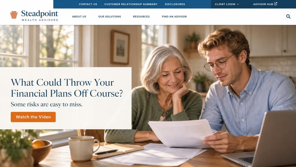 Financial advisor website design, planning firm leading with a short video: blue top bar, orange keystone logo, sunny kitchen with an older woman and a young man reviewing papers, cream question panel and orange video button