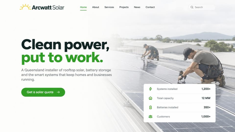 Solar website design, solar for homes and businesses on a faded rooftop photo: white page fading into a photo of two installers on a large metal roof, a black and green headline, a green quote button, a white card listing four install figures