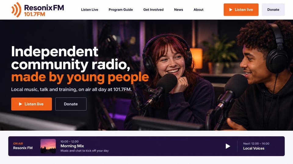 Radio station website design, youth-made community radio with an on-air bar: dark purple studio photo of two young hosts in headphones, a white bold headline with an orange last line, an orange listen button and an outlined donate button, and a deep purple on-air bar with a sunset thumbnail