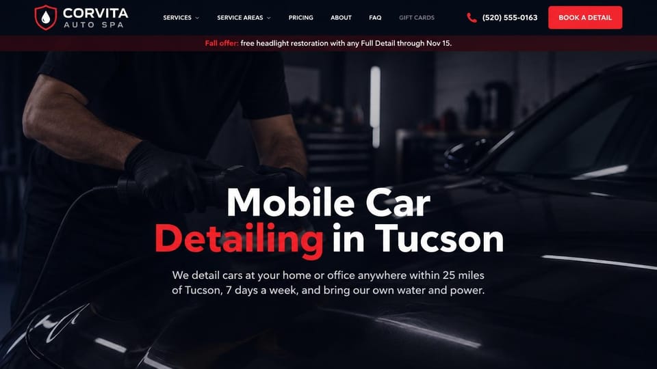 Car detailing website design, mobile detailing with a seasonal offer strip: black page, a thin red offer strip, a centered white headline with a red word, gloved hands polishing a dark car in low light