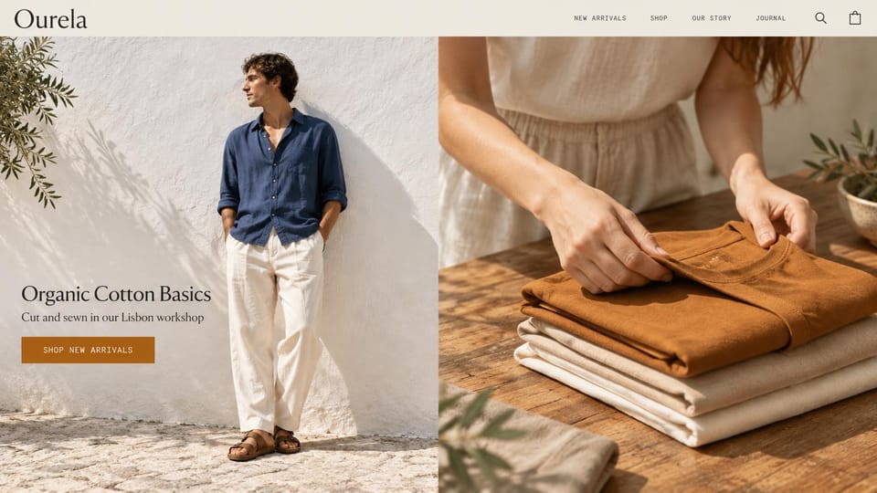 Fashion website design, organic cotton basics with a workshop detail: cream header, a man in a navy linen shirt and cream trousers against a sunlit whitewashed wall beside hands folding a rust tee on a wooden table, a dark serif headline and a rust button