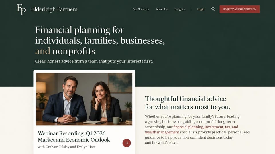 Financial advisor website design, planning for families and nonprofits with a webinar card: dark forest green top, cream serif headline, red header button and a webinar recording card, with a cream section below