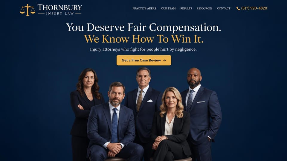 Law firm website design, personal injury with the whole team: navy and gold, five attorneys under a centered serif headline