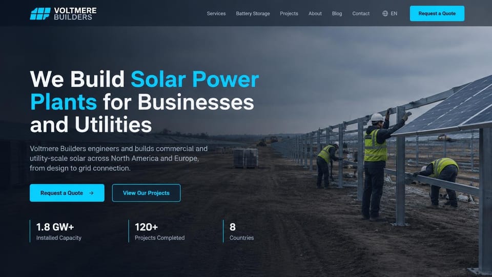 Solar website design, utility-scale solar builder on a dark site photo: dark photo of a crew in hi-vis vests building rows of panel racks on a solar farm, a white and cyan headline, a cyan quote button and an outlined projects button, three figures below