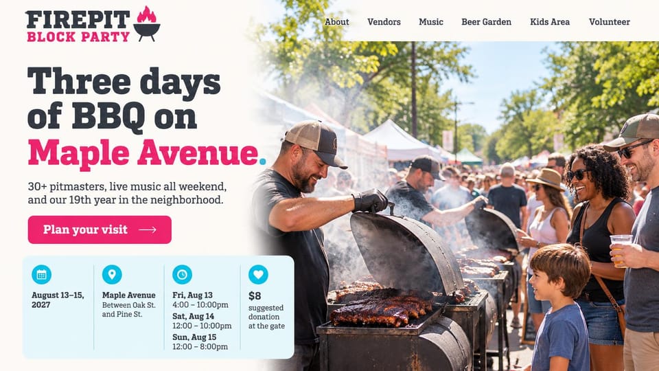 Event website design, barbecue block party with an info card: off-white page, charcoal and pink headline, pink visit button, blue info card, a pitmaster at a smoking grill with kids watching