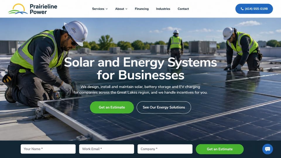Solar website design, commercial solar with an estimate bar: white menu, crews in hard hats and hi-vis vests installing panels on a flat roof, a centered white headline, green buttons and a form bar along the bottom