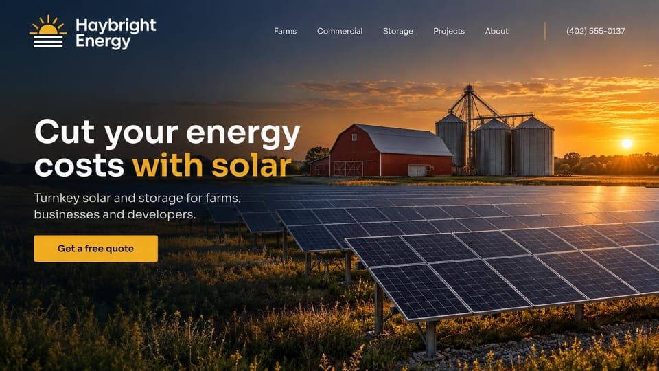 Solar website design, farm and business solar with a field at sunset: dark sky over a field of ground-mounted panels, a red barn and grain silos at sunset, a white and gold headline, a gold quote button