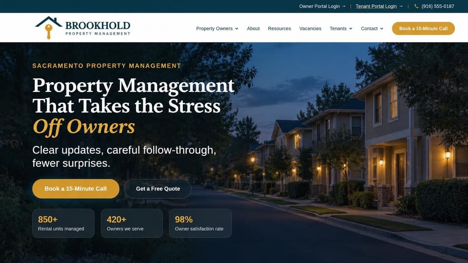 Property management website design, rental management with owner and tenant logins up top: dark teal top bar and white header with a roof-and-key mark, a dusk street of rental homes, a white serif headline with an amber italic phrase, amber and outlined buttons, three stat cards