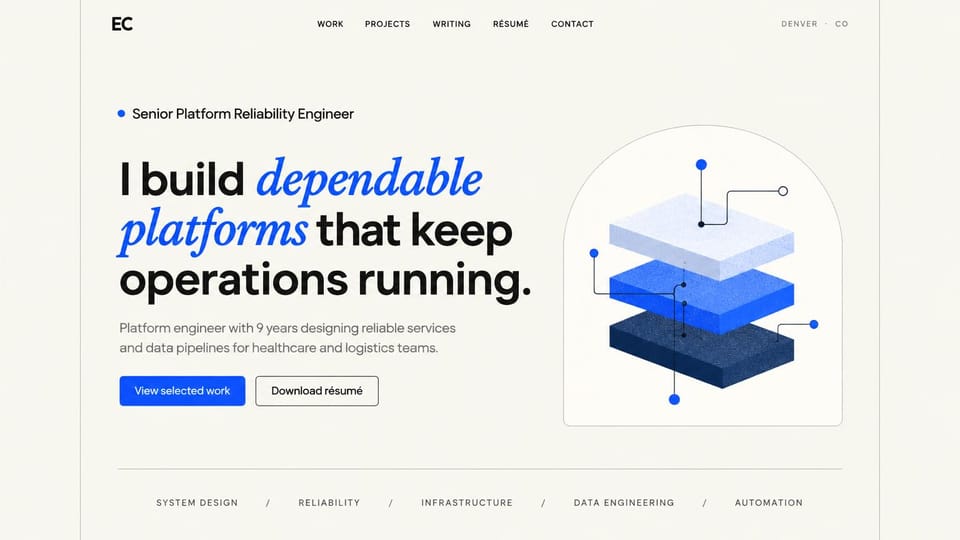 Developer portfolio website design, platform reliability engineer with a stacked layers drawing: warm white page, a large black headline with blue italic words, a blue view selected work button, an outlined download résumé button and a drawing of three stacked blue layers in an arch