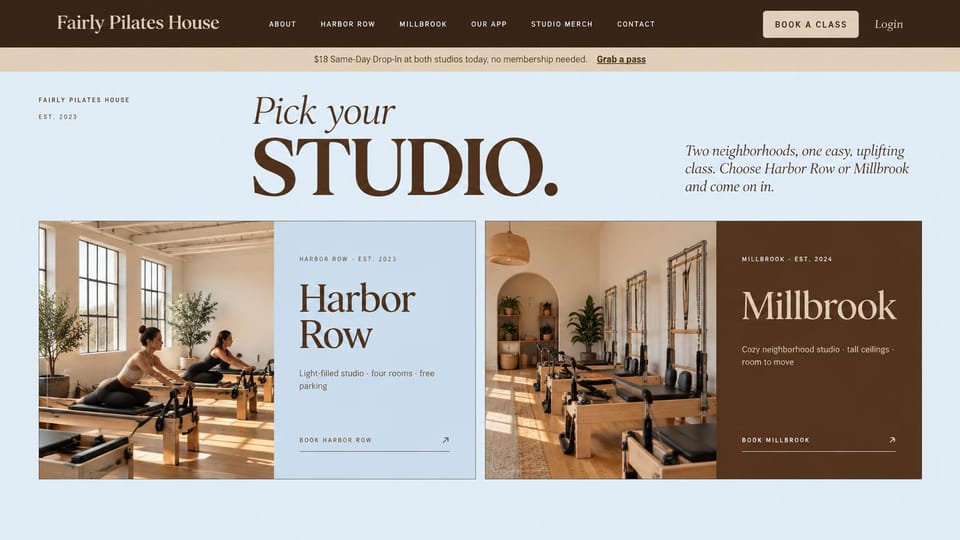Fitness website design, pilates studio with a card for each location: pale blue and cream, a huge serif headline above two photo cards in blue and brown