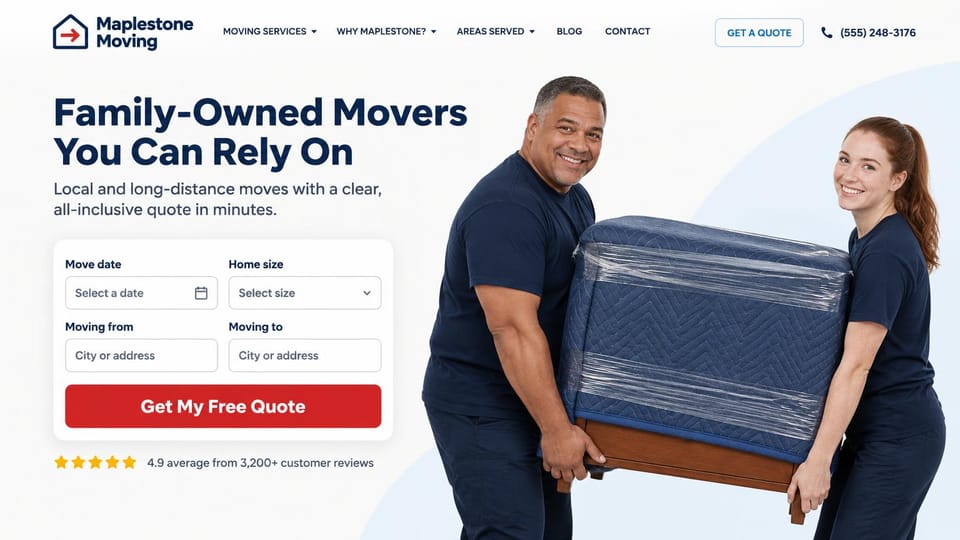 Moving company website design, family-owned movers with the quote form first: white page, a navy headline above a quote form with a red button, two movers in navy shirts carrying a wrapped piece of furniture on the right