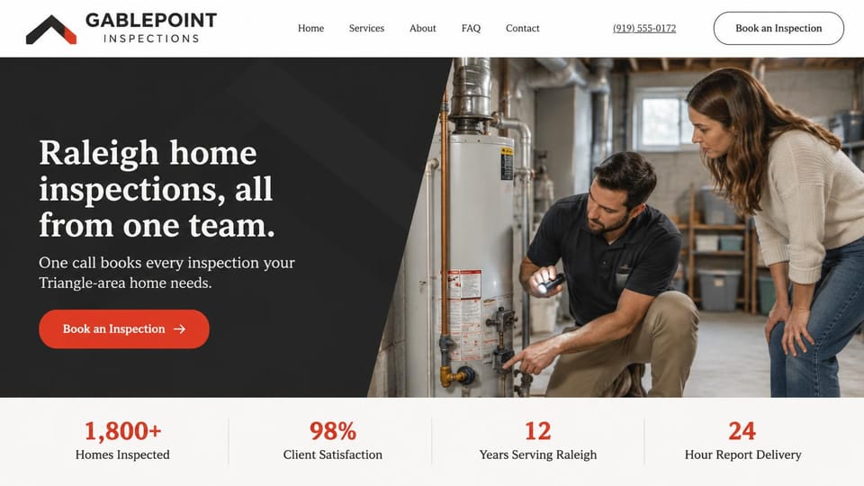 Home inspector website design, one team for every inspection, with stats: charcoal angled panel, white serif headline, a red book button, an inspector checking a water heater with a homeowner, red stats on white