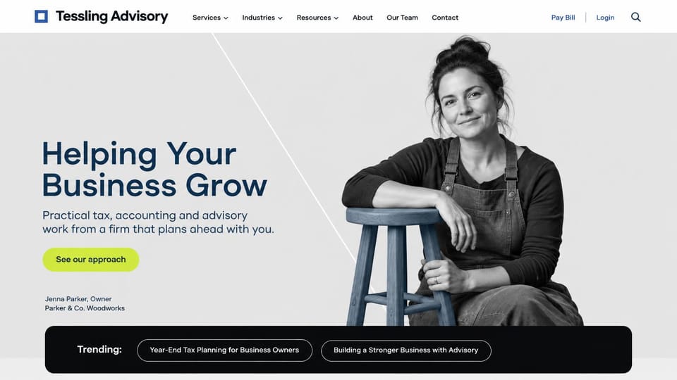 Accounting website design, small business advisory with a client portrait: pale gray page, a navy headline and lime button, a black and white portrait of a business owner on a blue stool, a black bar of trending guides
