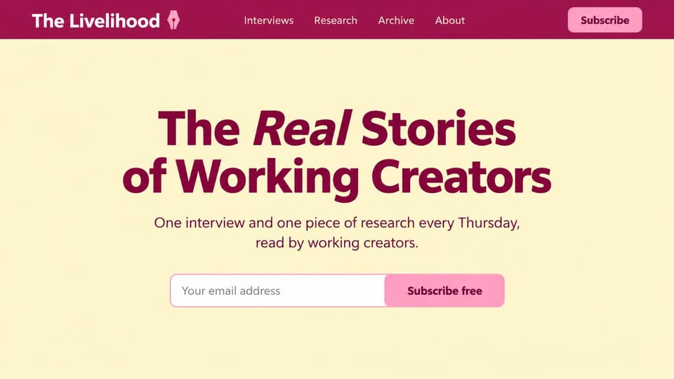 Blog website design, creator newsletter in yellow and magenta: pale yellow page, magenta navigation, a burgundy headline and a pink signup form