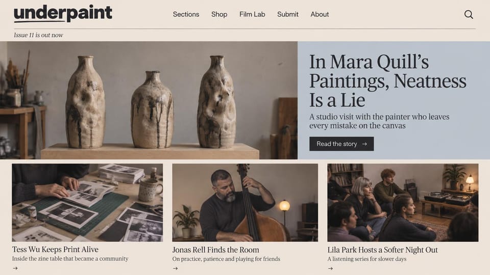 News and magazine website design, art and music magazine with studio visits: warm beige page, bold black lowercase wordmark, three glazed ceramic bottles on a plinth, pale blue panel with a black serif headline, photos of a zine table, a double bass player and a listening session