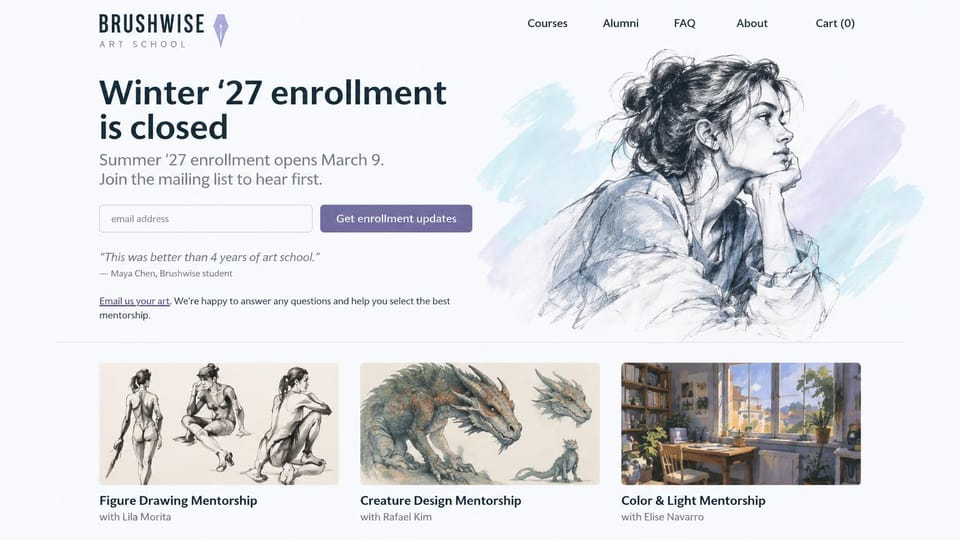 School website design, online art mentorships with a sketch and a waitlist: off-white page, a charcoal headline and lavender button, a pencil drawing of a woman over pale blue and lilac strokes, three illustrated course cards
