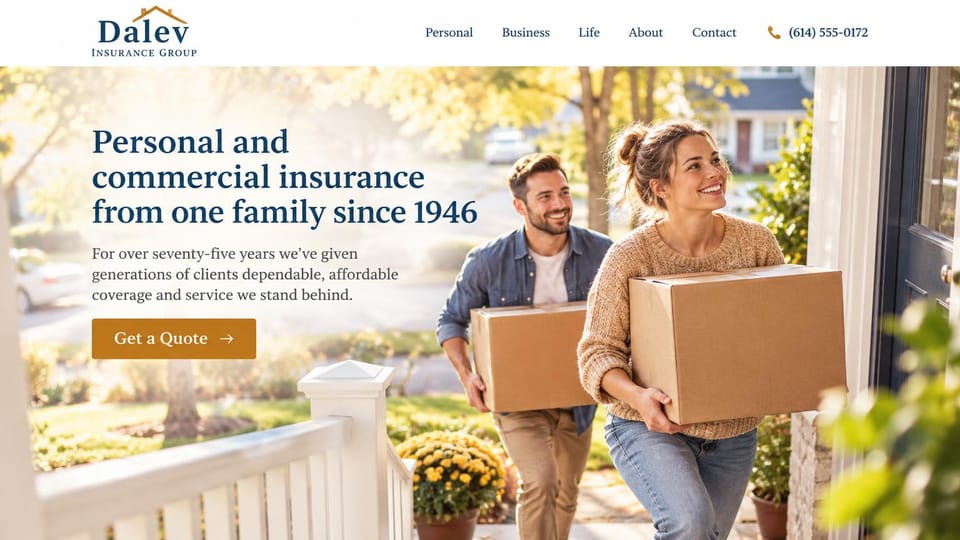Insurance agency website design, family-run agency with a couple moving in: white header, a navy serif headline over a hazy sunlit photo of a couple carrying moving boxes up to a front door, a copper quote button