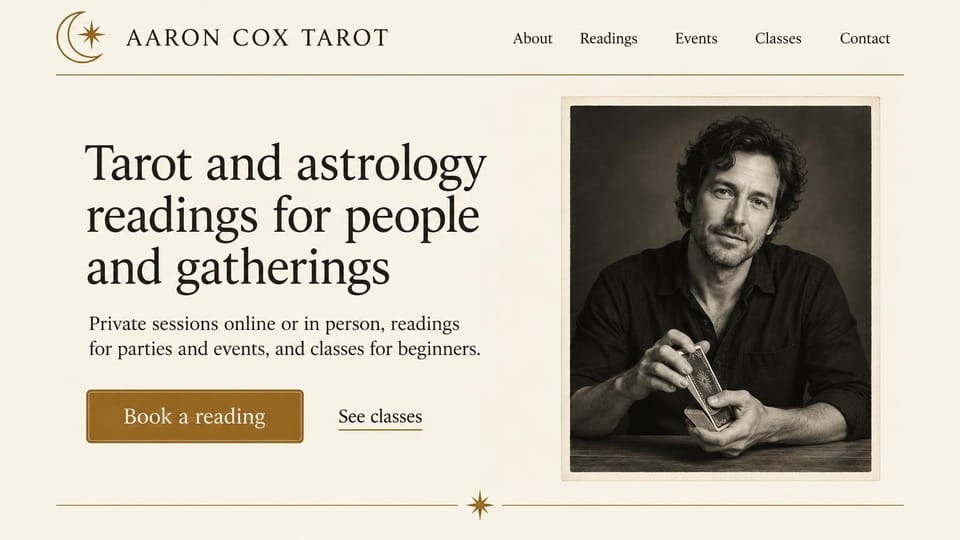Astrology website design, tarot for private sessions, parties and classes: ivory page, a large dark serif headline and gold button beside a framed sepia portrait of a reader shuffling cards