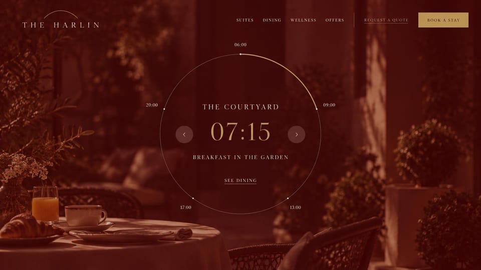 Hotel website design, boutique hotel with a day-clock hero: burgundy-tinted garden breakfast table under a large gold clock dial with times around it